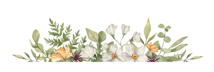 Watercolor bouquet with white narcissus flowers, fern leaf, branches and twigs isolated on white. Aesthetic spring-summer composition, floral arrangements, delicate wildflowers © Kate K.