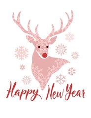 Fototapeta na wymiar Christmas card with deer.Vector buck deer stag reindeer head silhouette drawing illustration with antlers,red nose.Snowflakes pattern background texture.Happy New Year calligraphy. Merry. DIY