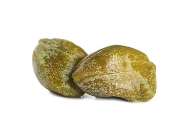 Fototapeta na wymiar Two delicious pickled capers on white background