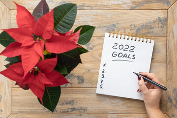 Notepad on the wooden background with the inscription - 2022 goals. Poinsettia in the pot