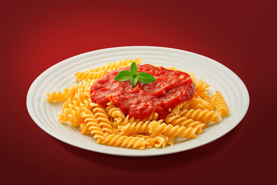 Fusilli ao molho de tomate em fundo vermelho