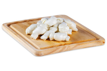 Buffalo mozzarella on wooden cutting board on white background