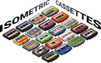 Isometric Colored Cassette Tapes in Perfect Vector Graphics