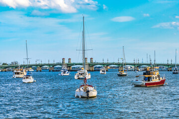 Fototapeta na wymiar Bridge of Lions Sailboats Motorboats Downtown St Augustine Florida