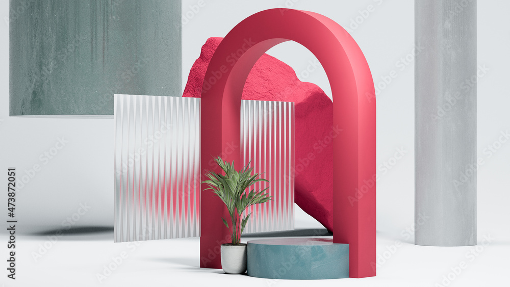 Poster juicy red arc with small round podium display on the pink background with small palm tree. natural s