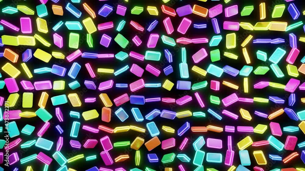 Poster 4k looped geometric background with neon light, multi color blocks like light bulbs with multicolor 