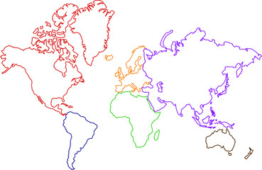 vector map of the world with the individual continents colored differently