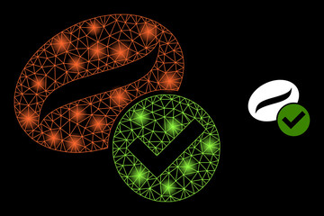 Glare net valid coffee web icon with flare spots. Illuminated constellation is created from valid coffee vector icon. Illuminated frame web polygonal valid coffee, on a black background.