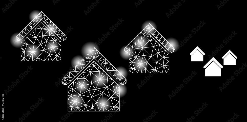 Poster glowing mesh village houses web icon with illuminated spots. illuminated model done from village hou