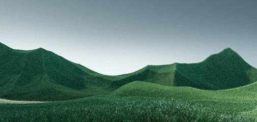 Surreal mountains landscape with green peaks and gray sky. Minimal modern abstract background. Shaggy surface with a slight noise. 3d rendering