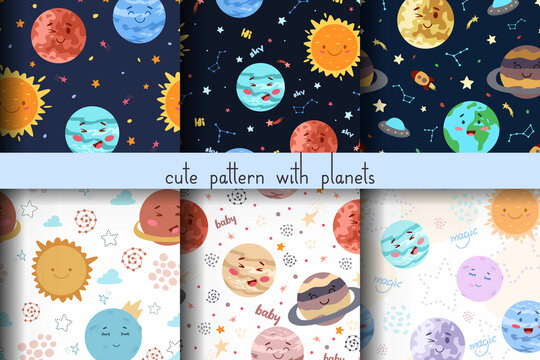 
Set of cute patterns with planets. Children's patterns for fabrics, textiles, interior elements. Collection of cartoon patterns.