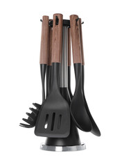 Set of wooden kitchen utensils on stand against white background