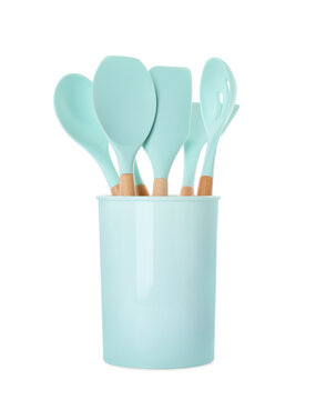 Set Of Turquoise Kitchen Utensils In Holder Isolated On White