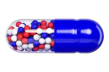 The medicine capsule with granules on a white background. Front view. Production of drugs. Medical theme. 3d rendering. 