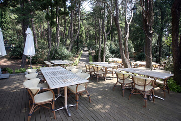 Empty cafeteria at Istanbul Prince Island Sedef (Turkish: Sedef Adasi) in Istanbul, Turkey. Island...