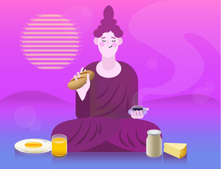 Flat style illustration of cartoon Buddha sitting in lotus pose and having breakfast on the 1980 retro cyberpunk purple and blue background, cup of coffee, bread, eggs and cheese. Videogame meditation