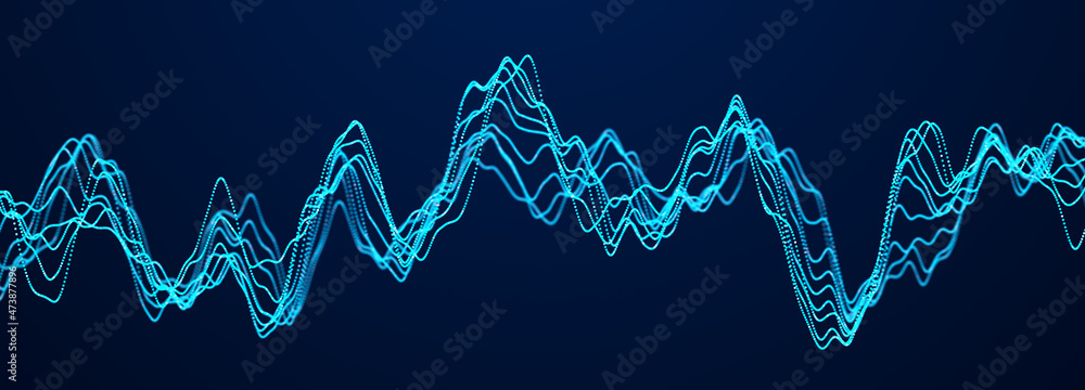 Poster Abstract blue background of points. Music wave of cyber particles. Graph. Big data stream. 3d rendering