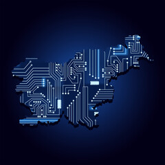 Contour map of Slovenia with a technological electronics circuit.