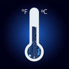 Thermometer with electronic circuit. Blue and gradient background. Thermometer indicating both the celsius and fahrenheit scales. Technological measuring instrument.  - obrazy, fototapety, plakaty