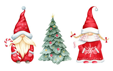 Mr and Mrs Clause gnomes,Christmas tree..Watercolor illustration isolated on white background. - 473878211