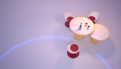 Futuristic interior design. Luxury kitchen with dining area. Top view. 3D illustration