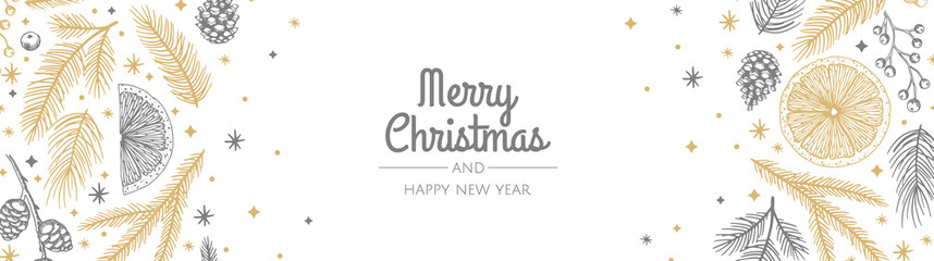 Winter banner. With hand drawn cones,xmas tree. Christmas vector illustration.