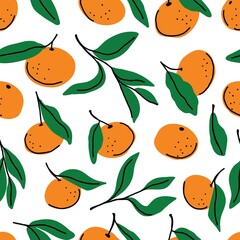 Obraz premium Seamless pattern with tangerines and leaves on a white background.