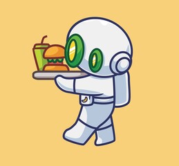 cute astronaut robot eating burger. Isolated cartoon food illustration. Flat Style suitable for Sticker Icon Design Premium Logo vector. Mascot Character