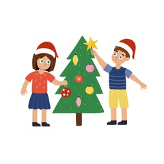 Cute boy and girl decorating the Christmas tree isolated element. Funny winter print with kids clipart. Vector illustration