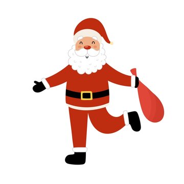 Happy Santa Claus carrying Christmas bag isolated element. Winter funny character clipart for kids. Vector illustration