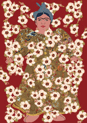 Frida Kahlo cloth doll by Kate Twohig surrounded by flowers on a red background.Detail of patterned dress and headscarf with indications of stitching on the body. Flesh coloured fabric for doll.