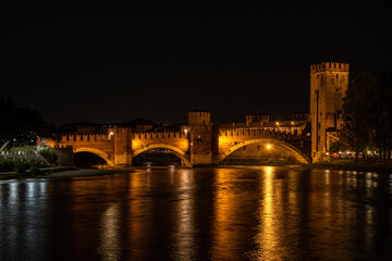 Castlevecchio Bridge over the Adige River in Verona at Night