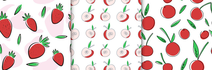 collection of patterns simple seamless background pattern print decor fruits, apples, cherries, strawberries