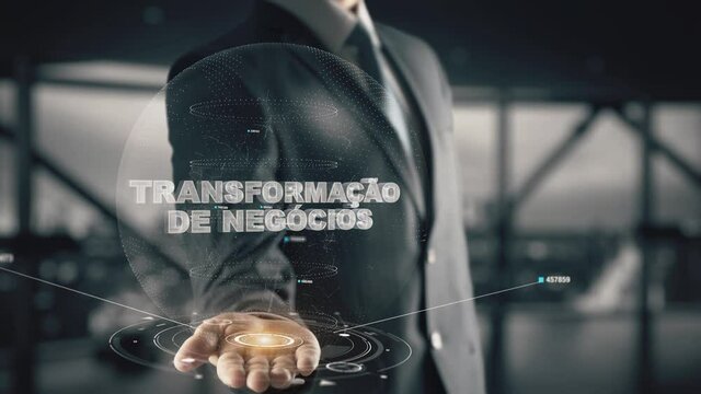 Business Transformation in Portuguese language with hologram businessman concept