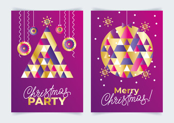 Set of Christmas posters with abstract geometric compositions of christnas tree and ball made from triangles. Luxury background with golden gradients and handwritten inscription. Card, invitation