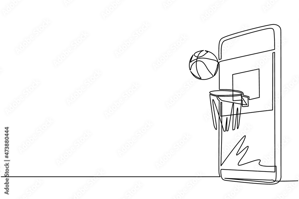 Poster single continuous line drawing smartphone with app basketball hoop and ball. smartphone with app bas