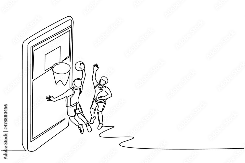 Poster single one line drawing two basketball players in action during game out of smartphone screen. one a