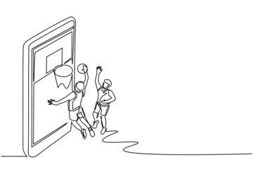 Single one line drawing two basketball players in action during game out of smartphone screen. One athlete throws ball into basket. Mobile basketball. Modern continuous line draw design graphic vector