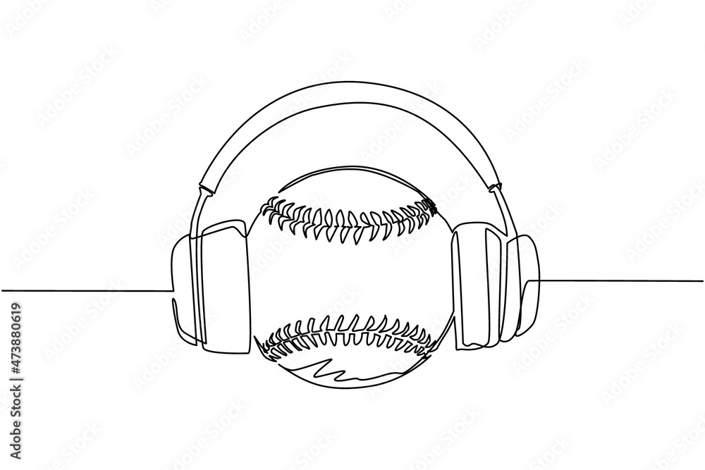 Wall mural continuous one line drawing baseball ball with headphone. baseball commentator sport icon concept wh