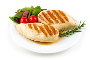 Grilled chicken breast served with mix salad, isolated on white background.