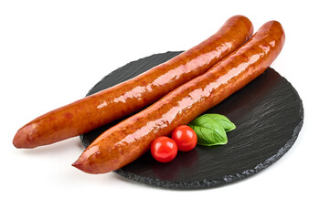 Grilled long sausage, isolated on white background.