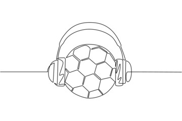Single continuous line drawing soccer ball with headphone. Soccer commentator sport icon white isolated. Flat cartoon style suitable for web, banner, sticker. One line draw design vector illustration