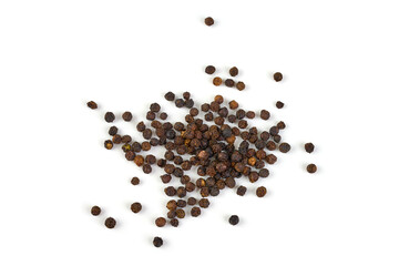 Black peppercorns, isolated on white background.