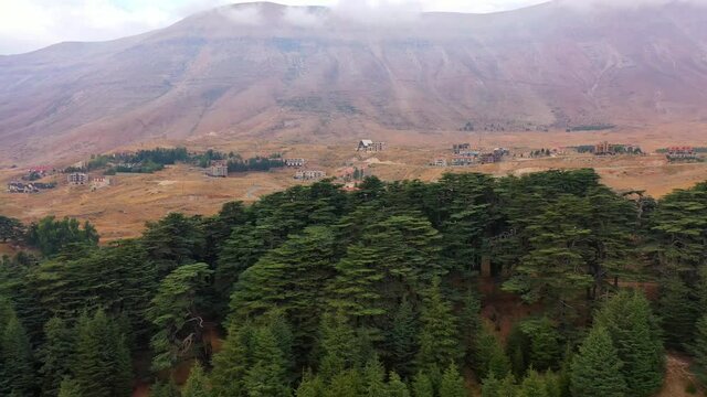 Aerial Panning Scenic Shot Of Rock Formations Against Cloudy Sky, Drone Flying Over Green Trees - Bsharri, Lebanon