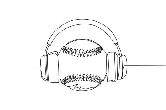 Continuous one line drawing baseball ball with headphone. Baseball commentator sport icon concept white isolated. Flat cartoon style suitable for web, banner, sticker. Single line draw design vector