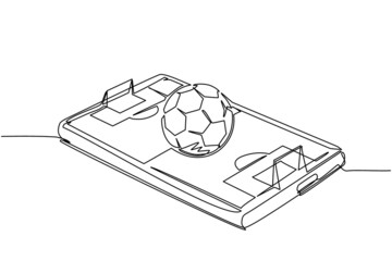 Single continuous line drawing soccer ball over virtual football field smartphone screen. Smartphone with app soccer football. Mobile sport stream championship to play. One line draw design vector