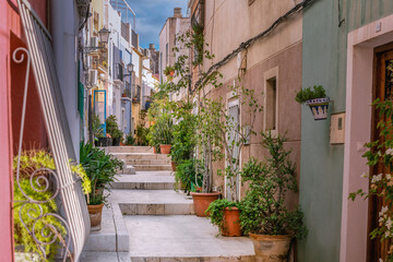 Pretty streets in the old town of Alicante, beautiful flowerpots with small trees, flowers along the street. Street stairs, old Spanish architecture