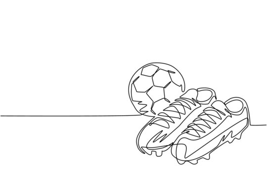 Single continuous line drawing football shoes and soccer ball. Football icon. Soccer ball boots. Sports inventory. For sport store ad, app pictogram, infographics. One line draw graphic design vector