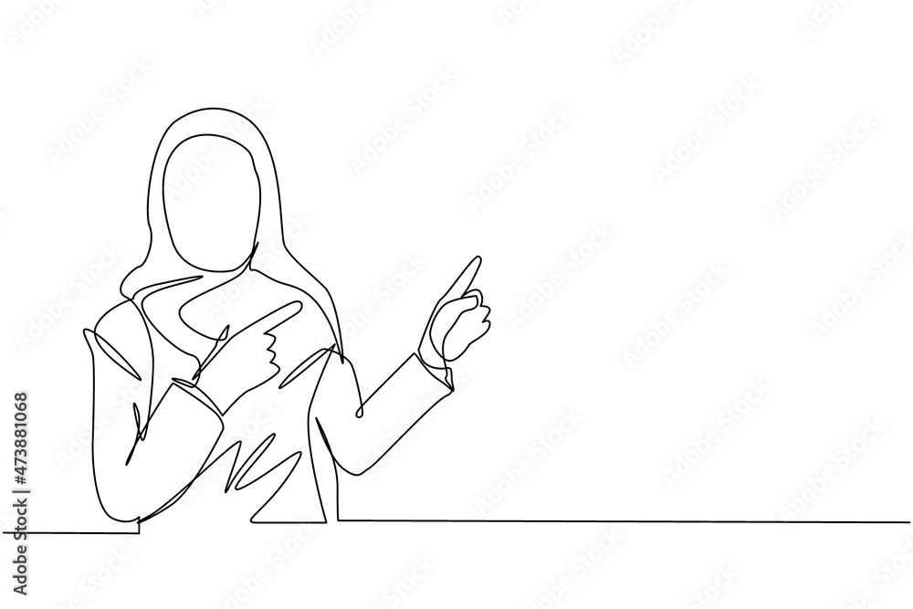 Poster single one line drawing arabian woman pointing away hands together and showing or presenting somethi