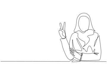Continuous one line drawing Arabian woman is showing victory sign. Young businesswoman gesture success. Female doing victory sign. Sign of success, peace. Single line draw design vector illustration